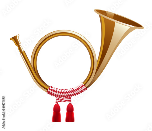 Post horn with red and white ribbon. Wind musical instrument. Vector illustration.