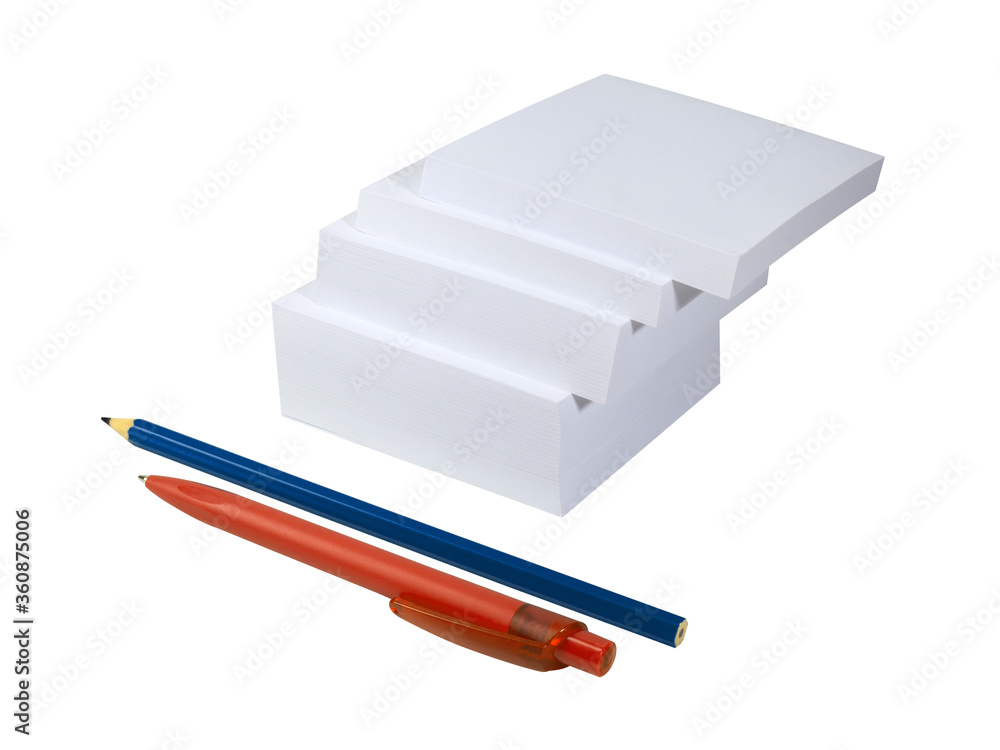 Block of memo papers with red pen and blue pencil isolated