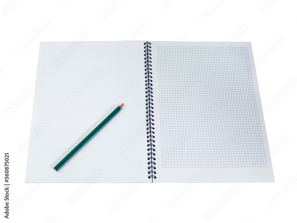 Green pencil on white notepad in the cage with blue spiral wire binding Green pencil on white notepad in the cage with blue spiral wire binding