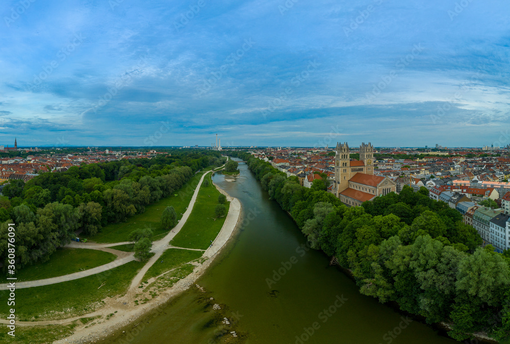 View over Munich with the Isar river, authentic from above, barvaria, Germany.