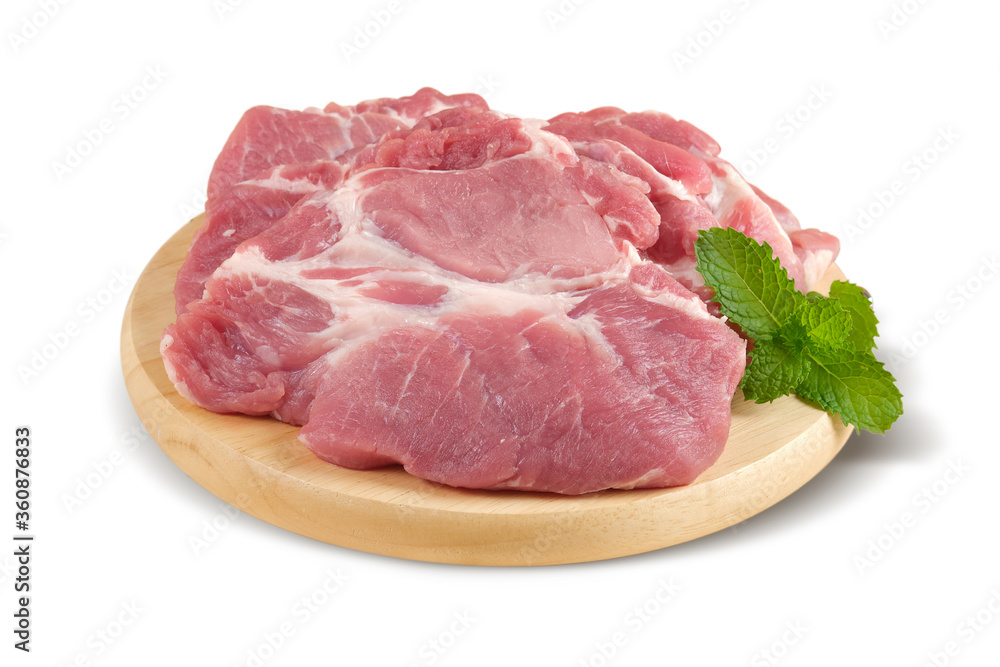 Pork Ridge on wooden plate isolated on white background.