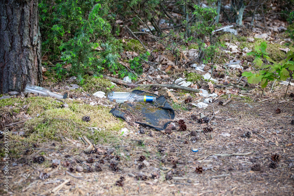 Pollution In Forest. Litter in the enviroment. Ecological contamination with plastic. Garbage in the forest.