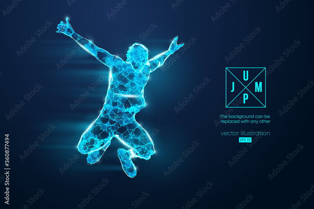 Abstract silhouette of a wireframe jumping man. People in a jump symbolize freedom. Man from particles on the blue background. Convenient organization of eps file. Vector. Thanks for watching