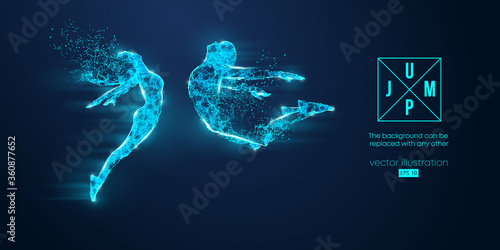 Abstract silhouette of a wireframe jumping man and woman. People in a jump symbolize freedom and love on the blue background. Convenient organization of eps file. Vector. Thanks for watching