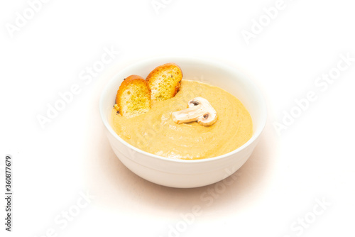 Bowl of Creamy Mushroom soup with garlic and croutons.