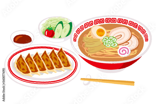 ラーメンと餃子のセットのイラスト