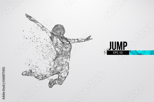 Abstract silhouette of a wireframe jumping woman. People in a jump symbolize freedom. Woman from particles on the white background. Convenient organization of eps file. Vector. Thanks for watching photo