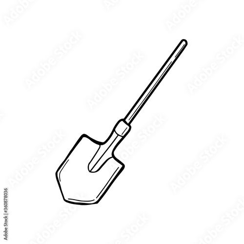 Tourist camping shovel, the inventory of the tourist. Garden bayonet shovel. Shovel for earthworks. A tool for digging up land and transplanting plants. Vector illustration in Doodle style