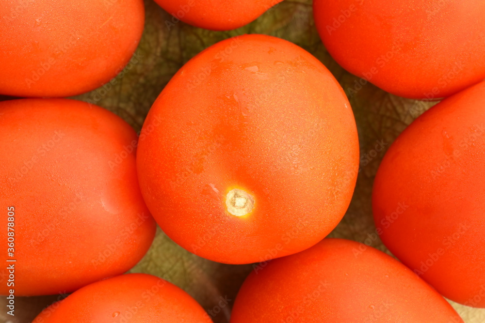 Red plum-like tomatoes, close-up, on a dark background.