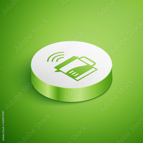 Isometric Smart electric kettle system icon isolated on green background. Teapot icon. Internet of things concept with wireless connection. White circle button. Vector.
