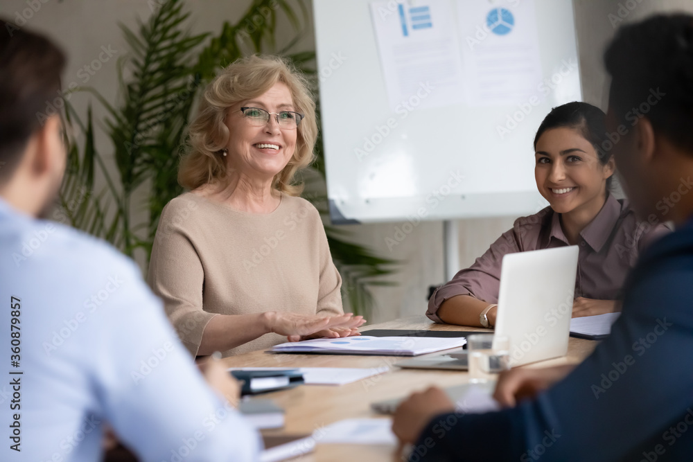 Smiling middle aged team leader speaking at corporate meeting, mature businesswoman wearing glasses discussing project, sharing startup ideas with colleagues, sitting at table in boardroom Smiling middle aged team leader speaking at corporate meeting, mature businesswoman wearing glasses discussing project, sharing startup ideas with colleagues, sitting at table in boardroom