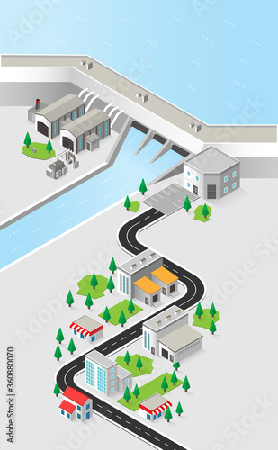hydro power plant, dam with hydro turbine in isometric graphic
