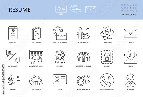 Resume icons. Editable stroke vector set. Includes profile work experience education core values. Achievements hobbies knowledge of languages. Computer skills leadership job interview career contacts