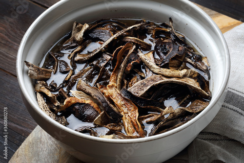 Traditional Siberian food: sundried forest mushrooms soaked before cooking