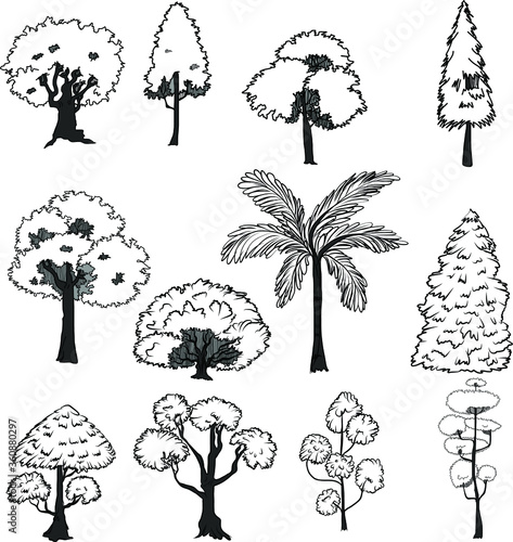 Doodle art a set of trees isolate on white background