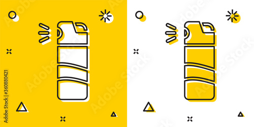 Black Pepper spray icon isolated on yellow and white background. OC gas. Capsicum self defense aerosol. Random dynamic shapes. Vector.