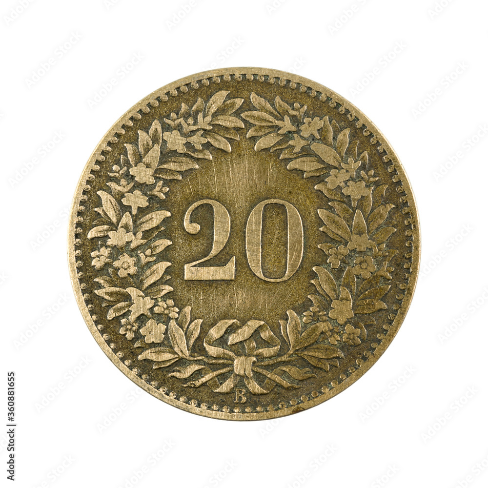 20 swiss rappen coin (1858) obverse isolated on white background 20 swiss rappen coin (1858) obverse isolated on white background