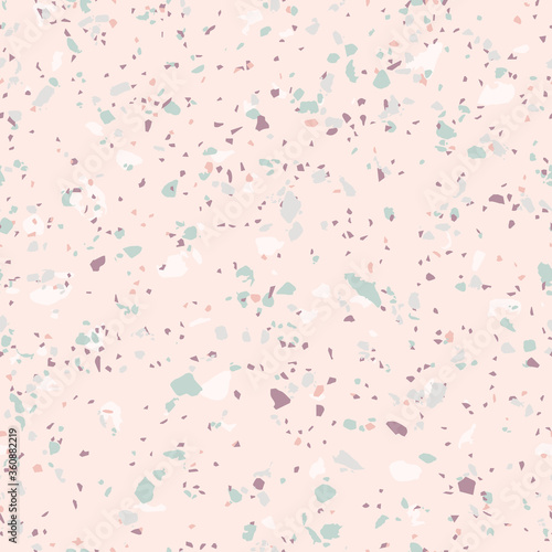 Vector terrazzo seamless pattern. Abstract background of mosaic floor with natural stones, granite, marble, quartz, limestone, concrete. Realistic flooring texture. Design in pink pastel color palette