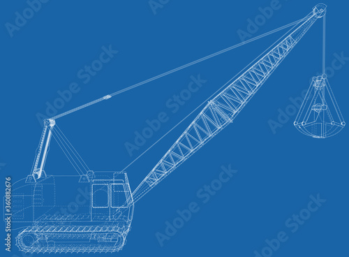 Walking Dragline, Mobile excavating machine used in open-cut mining. The layers of visible and invisible lines are separated. Wire-frame.