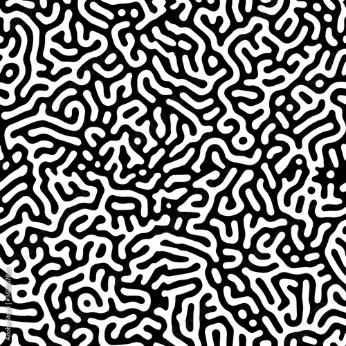 Monochrome reaction diffusion seamless pattern. Abstract background. Organic line art endless wallpaper. Black and white colors. Turing generative design.