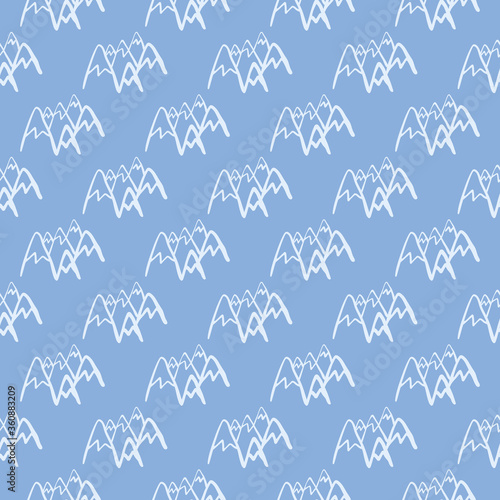 Seamless pattern with mountains on blue background. White peak rock endless wallpaper.