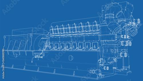 Diesel generator. The layers of visible and invisible lines are separated. EPS10 format. Wire-frame.
