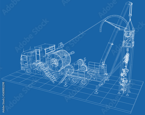 Coiled tubing Truck unit machine. The layers of visible and invisible lines are separated. EPS10 format. Wire-frame.