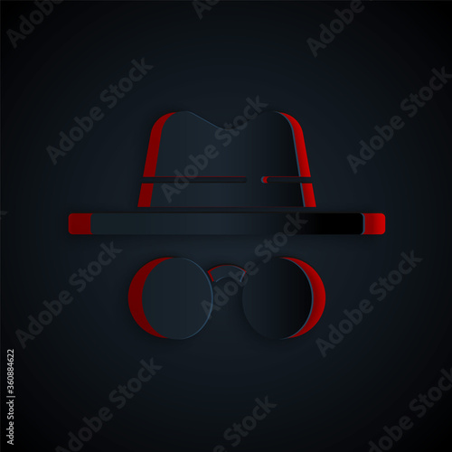 Paper cut Incognito mode icon isolated on black background. Paper art style. Vector.