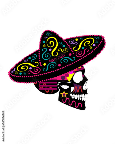 Mexican skull with sombrero, Colorful Day of the dead ornament and detailed vivid colors vector background.