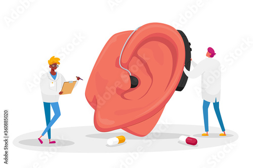 Couple of Male Doctors Characters Fitting Deaf Aid on Huge Patient Ear. Hearing Loss Medical Health Problem, Otolaryngology Medicine, Deafness Disease Concept. Cartoon People Vector Illustration