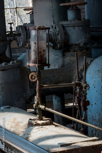 Vintage industrial equipment, gauges, valves, and controls in the original waterworks plant for the city of Columbia South Carolina which initially began service in 1821