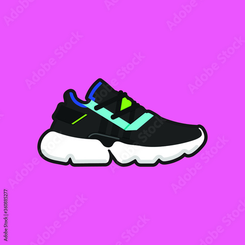 Dark black casual running sneakers or trainers with cyan, blue, and neon green color accents