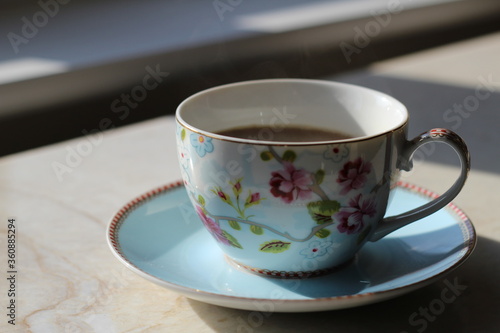 English blue and white tea cup on saucer in fine china with delicate flowers and gold edging