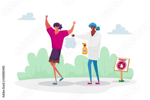 Doctor Characters Spraying Insecticide on Woman from Aerosol Bottle. People Protect themselves from Mites, Ticks, Mosquitoes and Gnat for Safety Walking in Forest or Park. Cartoon Vector Illustration