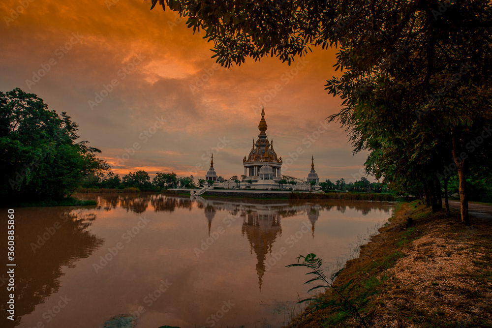 The background of an important tourist attraction in Khon Kaen Province (Wat Thung Setthi) is a large pagoda in the middle of a swamp, tourists always come to see the beauty in Thailand.