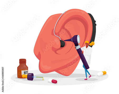 Otolaryngology Medicine, Deafness Disease Concept. Tiny Ent Doctor Character Examined Huge Patient Ear with Otoscope. Hearing Loss Problem, Deafness, Installing Deaf Aid. Cartoon Vector Illustration