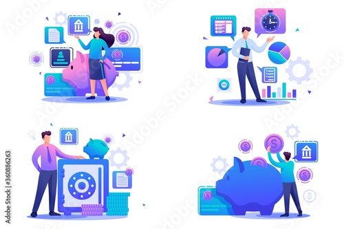 Set Flat 2D concepts bank deposits, investment plan, time management. For Concept for web design