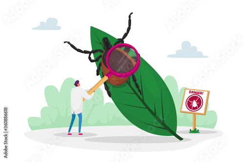 Doctor Character with Magnifying Glass Stand at Huge Leaf with Tick and Warning Sign with Mite Image. Danger of Bite with Tick in Forest and on Nature Outdoor Territory. Cartoon Vector Illustration