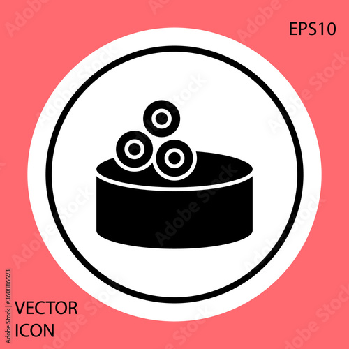 Black Tin can with caviar icon isolated on red background. White circle button. Vector..
