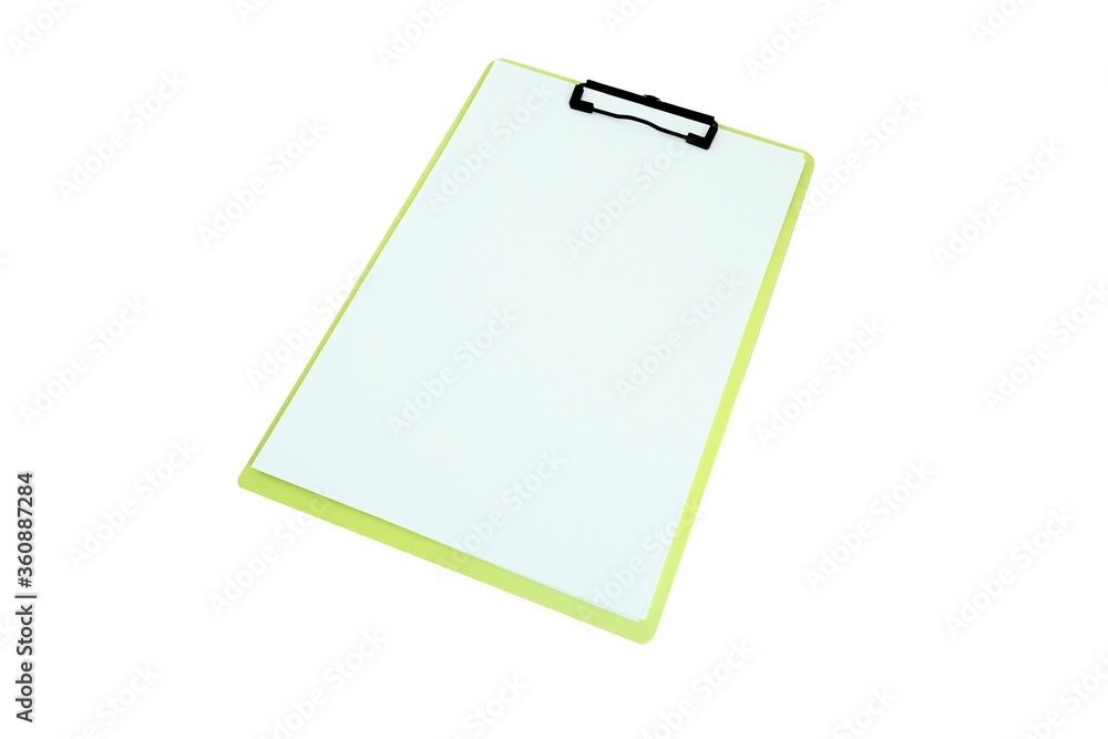Isolated of a green clip board and blank paper. Top view on white background. Isolated of a green clip board and blank paper. Top view on white background.