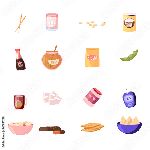 Set of Icons Wooden Chopsticks, Soy Milk, Sauce and Beans, Coconut and Cane Sugar, Honey in Jar, Stevia Package and Tea with Lemon, Sweeteners Bottle, Glucometer, Popcorn. Cartoon Vector Illustration