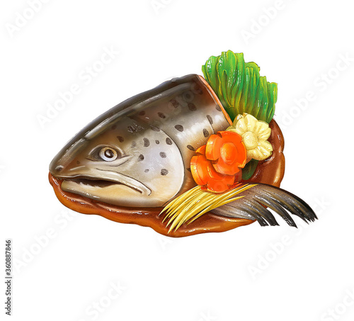 Head salmon kabutoni with soy sauce and vegetable in white bowl Paint ,illustration, photo