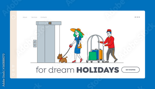 Hospitality Service, Tourist Arrive in Room Landing Page Template. Clerk Character Meeting Woman with Dog in Hotel Lobby Carry Baggage. Visitor, Guest Accommodation. Linear People Vector Illustration