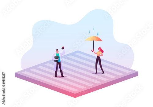 New Technologies, Impregnated Waterproof Fabric Concept. Tiny Male and Female Characters Stand on Huge Water Proof Coating with Umbrella and Falling Rain Drops. Cartoon People Vector Illustration