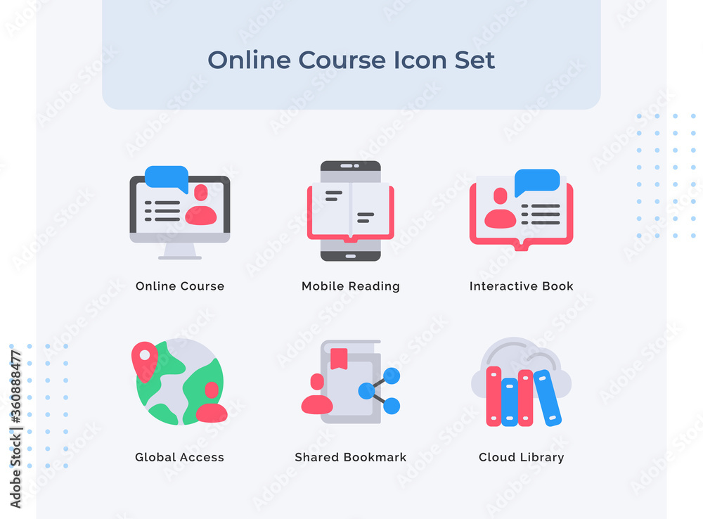 Preview online course icon set mobile reading interactive book global access shared bookmark cloud library with filled color modern flat style.