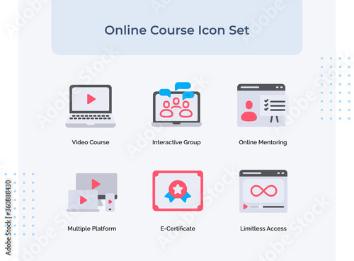Preview online course icon set video course interactive group online mentoring multiple platform e-certificate limitless access with filled color flat style