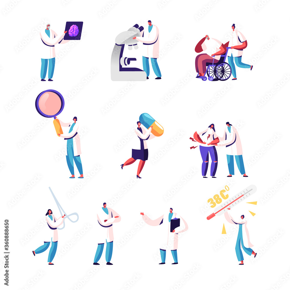 Set of Male and Female Doctors and Patients, Tiny Medic Characters Holding Huge Instruments, Magnifying Glass, Surgical Clamp and Thermometer, Pill, Xray Image. Cartoon People Vector Illustration