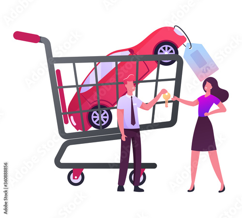 Female Character Buying Automobile Lying in Huge Shopping Trolley on Car Market. Dealer Salesman in Showroom Give Key of Auto to Owner. Vehicles Salon Sale Business. Cartoon People Vector Illustration