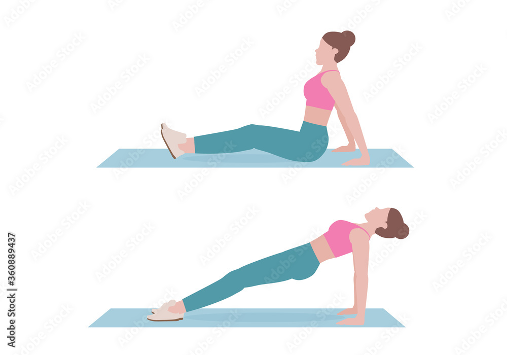 Young woman doing exercises. woman in pink shirt and a blue Long legs. Step by step instruction for doing Reverse Plank. Sports silhouettes. Fitness and health concepts. Young woman doing exercises. woman in pink shirt and a blue Long legs. Step by step instruction for doing Reverse Plank. Sports silhouettes. Fitness and health concepts.