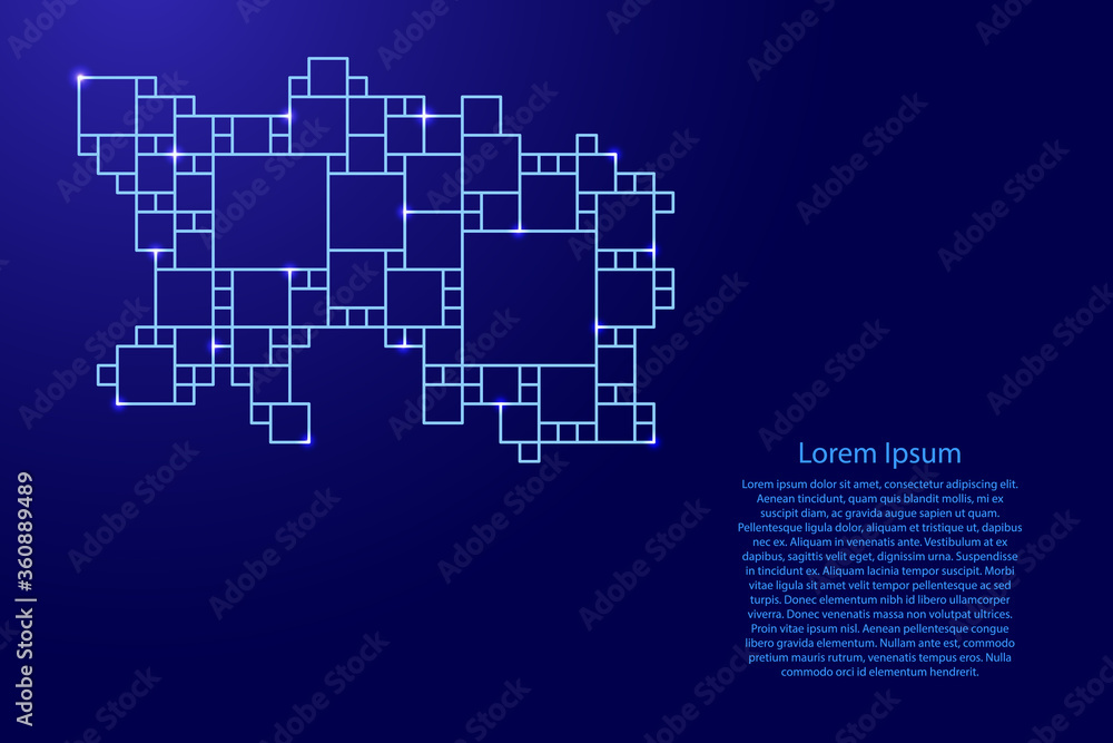 Jersey map from blue pattern from a grid of squares of different sizes and glowing space stars. Vector illustration.
